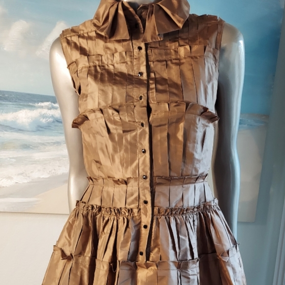 *$4,000 OSCAR DE LA RENTA BEAUTIFUL BRONZE PLEADED SILK RUNWAY DRESS US M - Picture 4 of 13